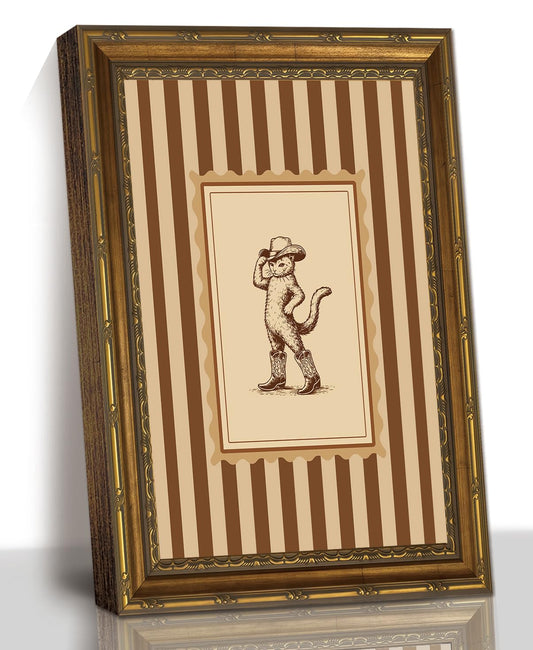 Vintage Cowboy Cat Gold Framed Canvas Decor, Western Animal 12 x 16 Inch
