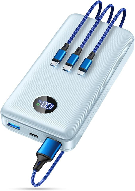 Portable Charger Power Bank, 60000mAh Battery Pack with 3 in 1 USB-C/iOS/Micro-USB Cable, 22.5W Fast Charging Portable Phone Charger, Travel Camping Essential Powerbank for iPhone 17/16 Samsung,Blue