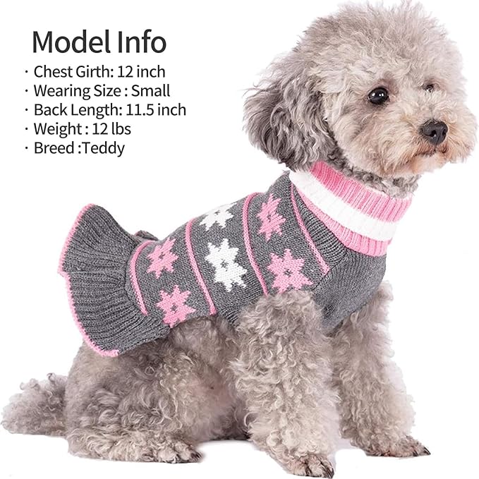 KYEESE Dog Sweater for Medium Dogs Fall Winter Dogs Clothes Warm Pet Coats with Leash Hole Knit Pet Sweater for Girl Turtleneck Pullover Dog Sweater Dress with Snow Flake Pattern, Girl Grey, XX-Large