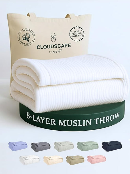 Cloud Scape Linen Extra Large 8 Layer Muslin Throw Blanket - 100% Cotton Gauze, Soft and Breathable, Winter Blanket for Couch, Sofa and Bed, Idea, 50x70, White