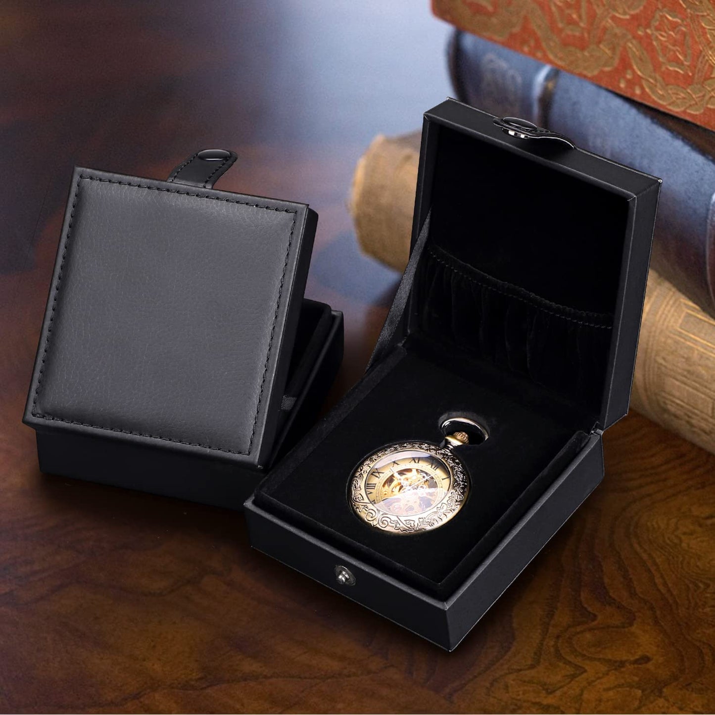 SIBOSUN Luxury PU Leather Pocket Watch Box Display Case Storage Case Black Pocket Watches Gift Box Jewelry Organizer for Men Women Gifts Box