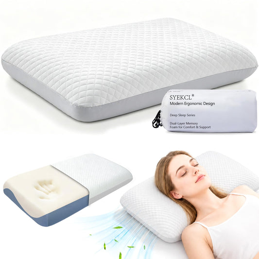 Syekcl Memory Foam Pillow, Cooling Contour Bed Pillow for Sleeping, Medium Firm Neck & Shoulder Support, Double-Sided Design for All Seasons, Washable Cover (White Upgrade, 16 × 28 × 4 in)