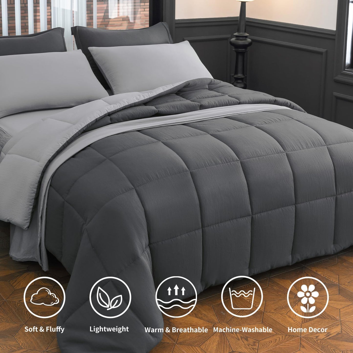 LETSLEEP Queen Size Comforter Set - 8-Piece Gray Luxury Bedding with Reversible Microfiber Lightweight Comforter, Bed Skirt, Flat Sheets, Pillowcases & Pillow Shams