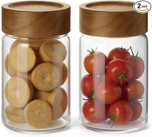 Zoaiirte 2pc Glass Mason Jars with Acacia Wood Airtight Lids - Overnight Oats & Food Storage Container Set, Clear Stackable Leakproof Kitchen Canisters for Meal Prep/Snack Organization/Spice Storage