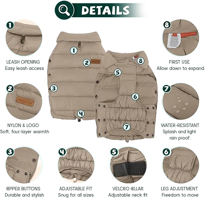 SPACE LION Dog Puffer Jacket, Down Winter Coat, Durable Outdoor Coat for Cold and Windy Conditions, Lightweight & Adjustable Fit Coats for Large Dogs, (Camel, Size24/2XL)
