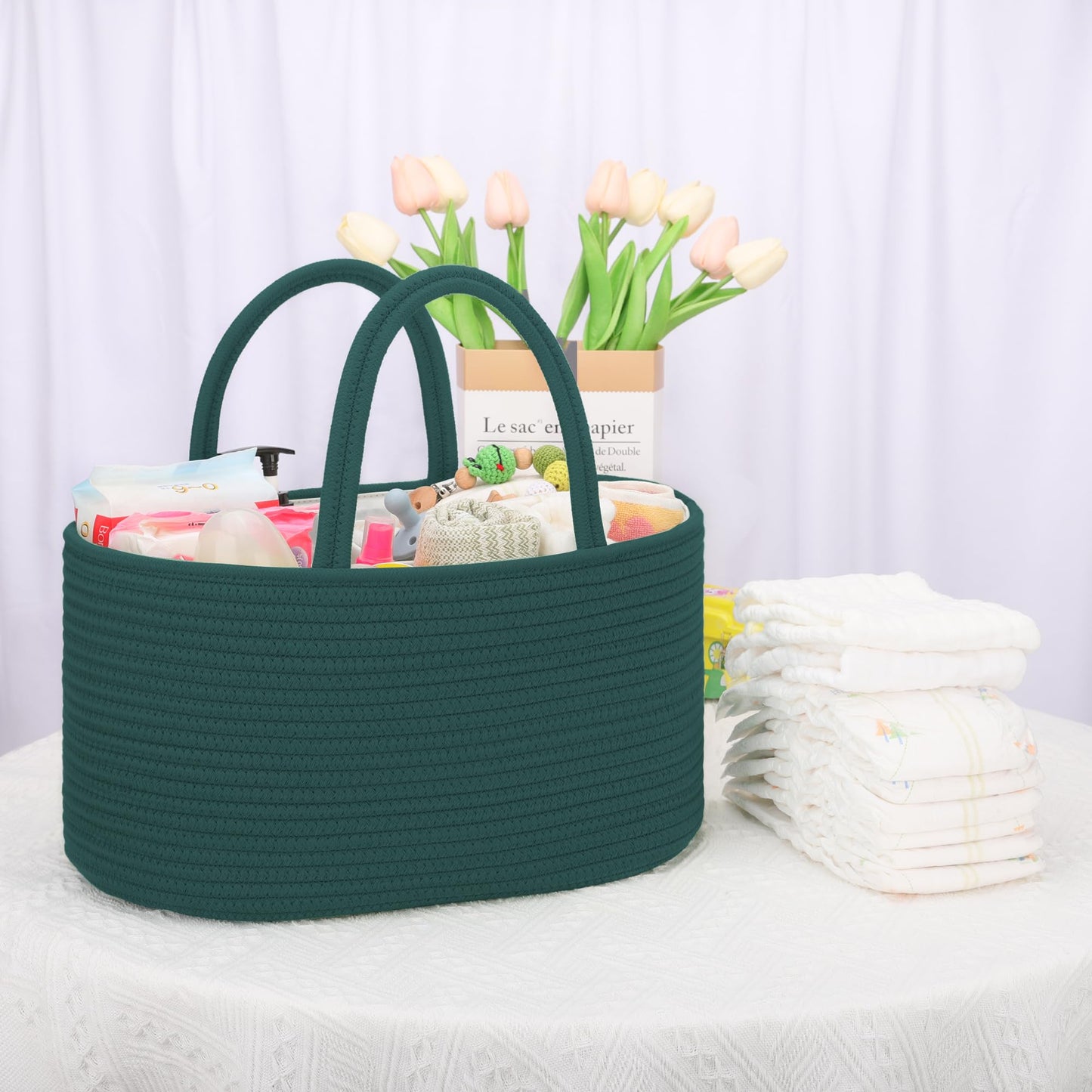 COMSE Large Baby Diaper Caddy Organizer for Girl Boy, Car Caddy with Handles, Cotton Rope Basket for Changing Table, Nursery Organizer, Gift for Baby Shower and Registry Must Have, Dark Green