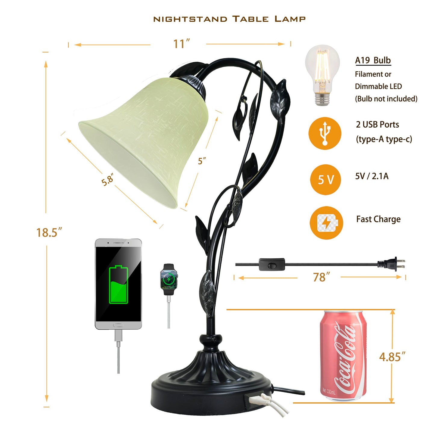 Flashell Touch Table Lamps, Flower Vintage Nightstand Lamp, Rustic Reading Bedside Light, Dimmable Farmhouse Stained Glass Lamp with USB for Bedroom Living Room, E26