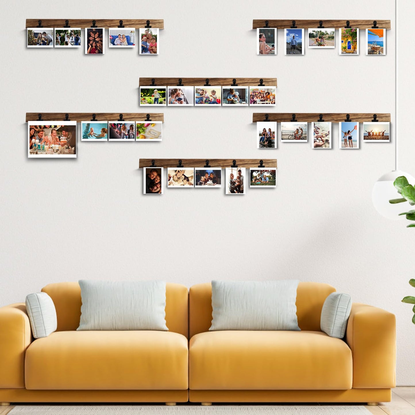 Aiyome 6 Wooden Wall Hanging Photo Frames With 27 Clips, Decorative Collage Picture Frame, No Drilling Required, Adhesive Stickers, Easy to Install, Carbonized Brown