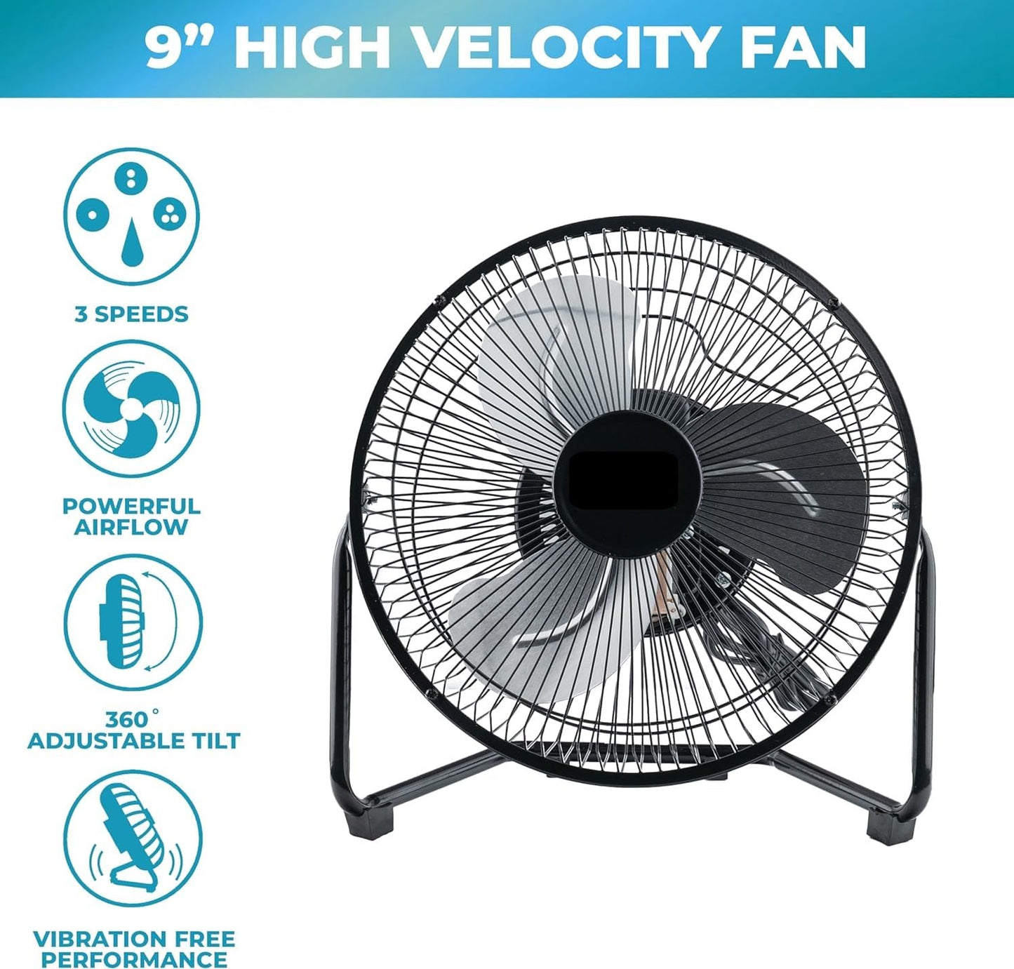 EZ-CHILL 9" Cradle Floor Fan, 3 Speed, Electric, 180 Degree Adjustable Tilt, All Metal, Carry Handle, Rubber Feet, Table Fan, Airflow 12.57 ft/sec, Ideal for Home, Bedroom & Office, MTFDB-9