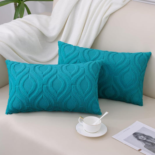 decorUhome Throw Pillow Covers 12x20 Inch Set of 2, Soft Plush Faux Wool Teal Solid Couch Pillow Covers, Accent Farmhouse Neutral Rectangle Pillow Cases for Sofa Bed Living Room