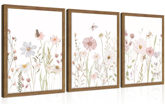 Framed Wildflower Wall Art Set of 3, Pink Floral Canvas Wall Decor Pictures, Vintage Flower Botanical Paintings, Nursery Flowers Butterfly Posters Prints for Bedroom Living Room 16x24 Inch