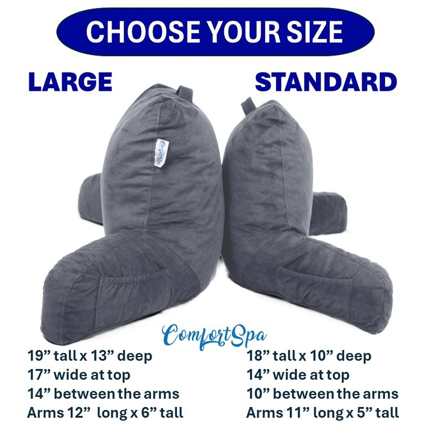 ComfortSpa Reading Pillow for Bed Adult Size, Back Rest Pillow with Arms, Pockets and Washable Cover; Use as a Back Pillow for Bed Sitting Up for Bedrest or Relief from GERD Heartburn (Large Grey)