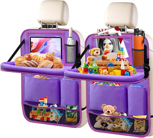 Zecirl 2Pack Car Backseat Organizer with Foldable Table Tray,6 Storage Pockets Car Storage Organizer with Tablet Holder,Car Seat Back Protectors Kick Mats Travel Accessories (Purple)