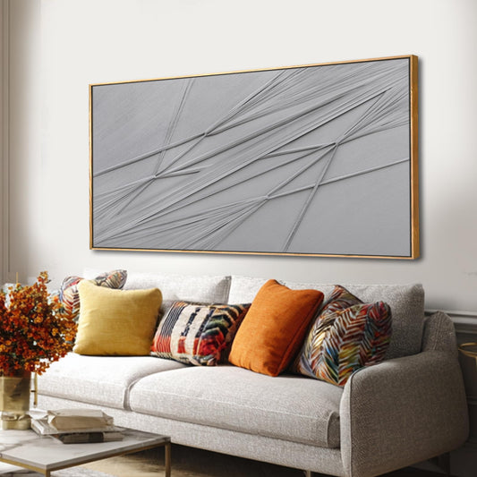 Framed Wall Art 24x48 Inch, Hand Painted Textured Canvas Painting with Wood Frame, Grey Abstract Minimalist Line Decor for Dining Room Living Room Bedroom Office