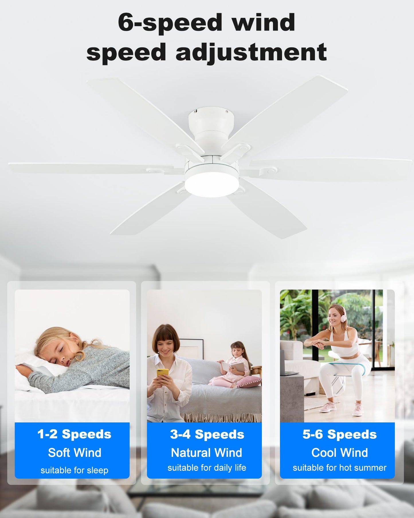 Coolwind 52" Low Profile Ceiling Fan with Light, White 6 Speed Reversible DC Motor, 6 Double-Side Blades and App/Display Remote Control, 3CCT Dimmable Led Flush Mount Ceiling Fan for Bedroom