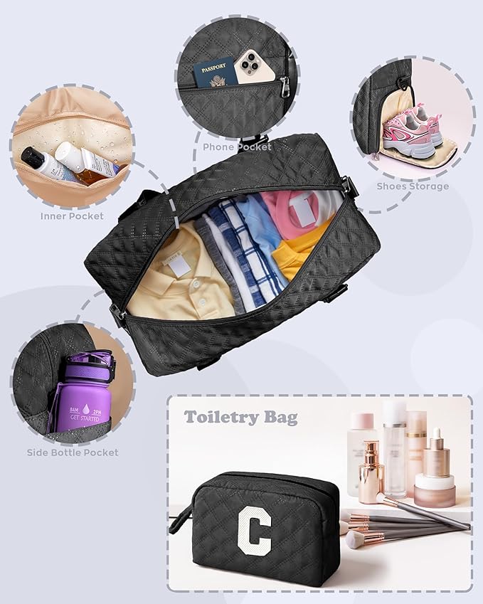 Elilier Initial Travel Duffle Bag Women Girls Gift: Personalized Weekender bags, Dance Cheer bag Sports for Girl, Kid Gymnastics Bags, Birthday Gifts for Women Girls Kids Teens Mom Teacher