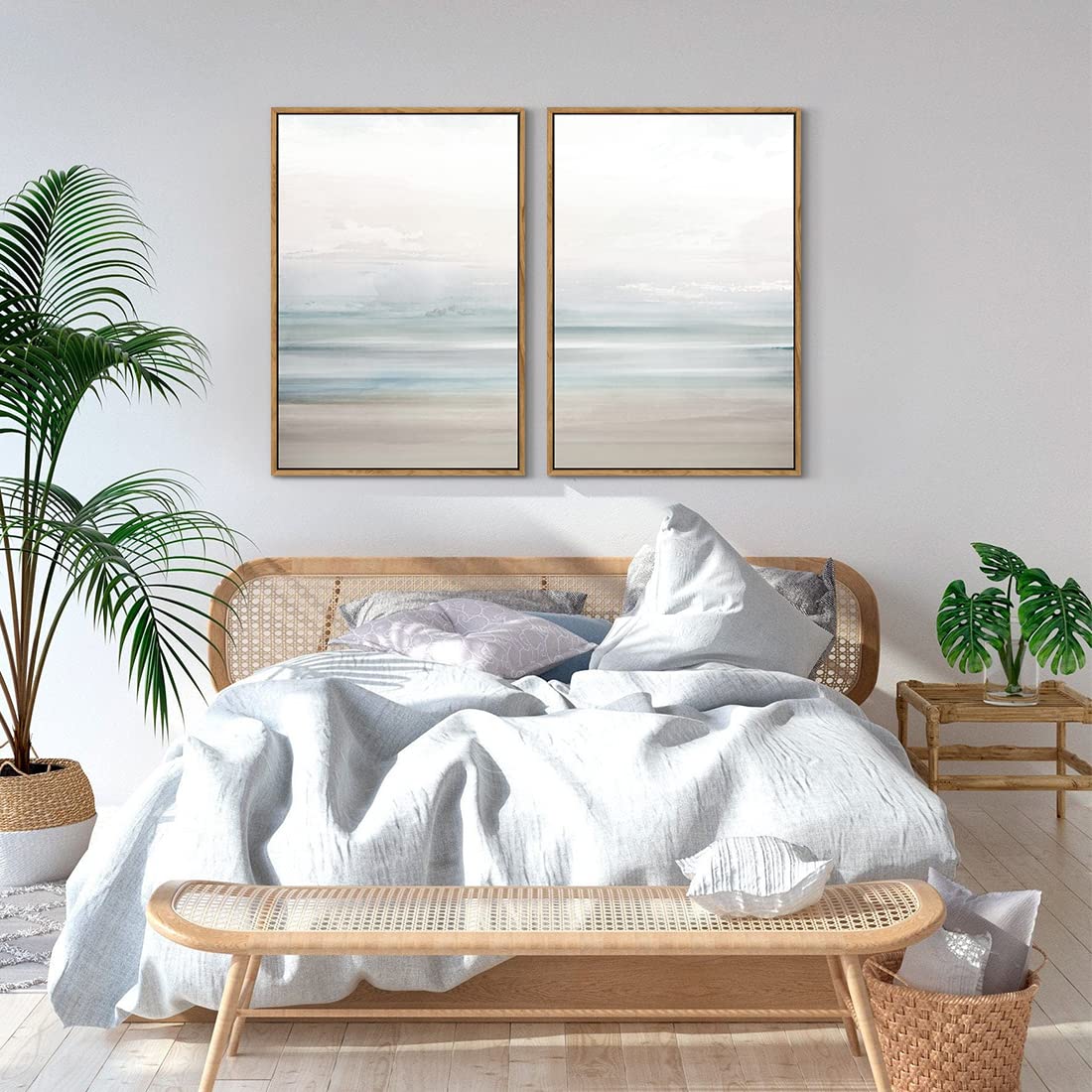 Gardenia Art Framed Coastal Beach Canvas Wall Art Decor Abstract Ocean Landscape Painting Prints Modern Artwork for Living Room Bathroom Bedroom Home Decoration Ready to Hang 16"x24"
