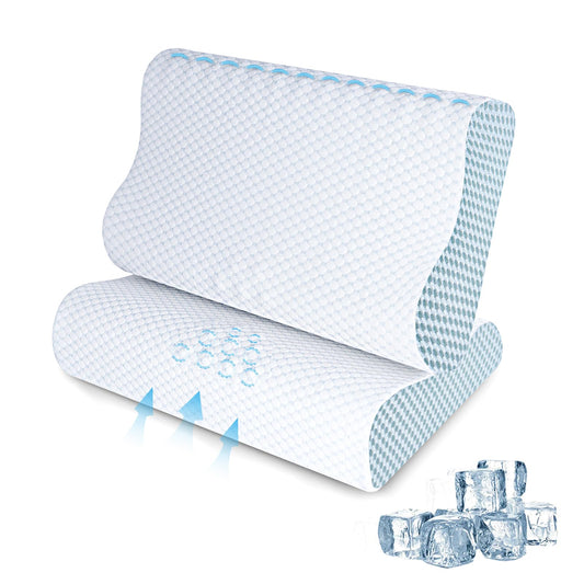 SUFOR 2 Pack Memory Foam Cooling Bed Pillows for Sleeping, Ergonomic Cervical Pillow for Neck and Shoulder Pain Relief, Adjustable Cold Pillow Set of 2,with Pillowcase（Blue）