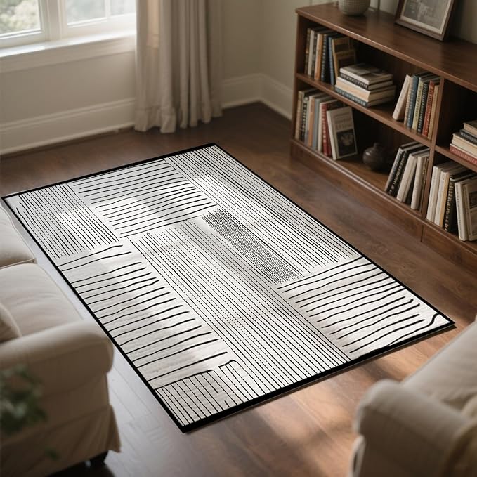 Area Rug 2.6x4 Feet Abstract Lines, Non-Slip Comfort Floor Mat Washable Rug Modern High Traffic Durable for Living Room, Bedroom, Home Office (Black White)