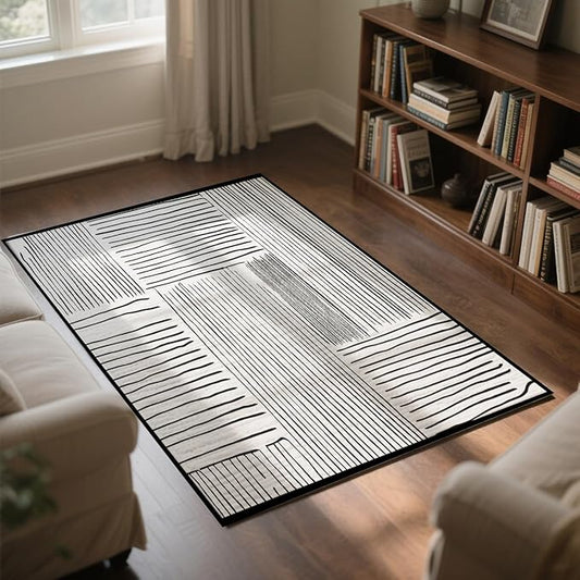 Area Rug 2.6x4 Feet Abstract Lines, Non-Slip Comfort Floor Mat Washable Rug Modern High Traffic Durable for Living Room, Bedroom, Home Office (Black White)