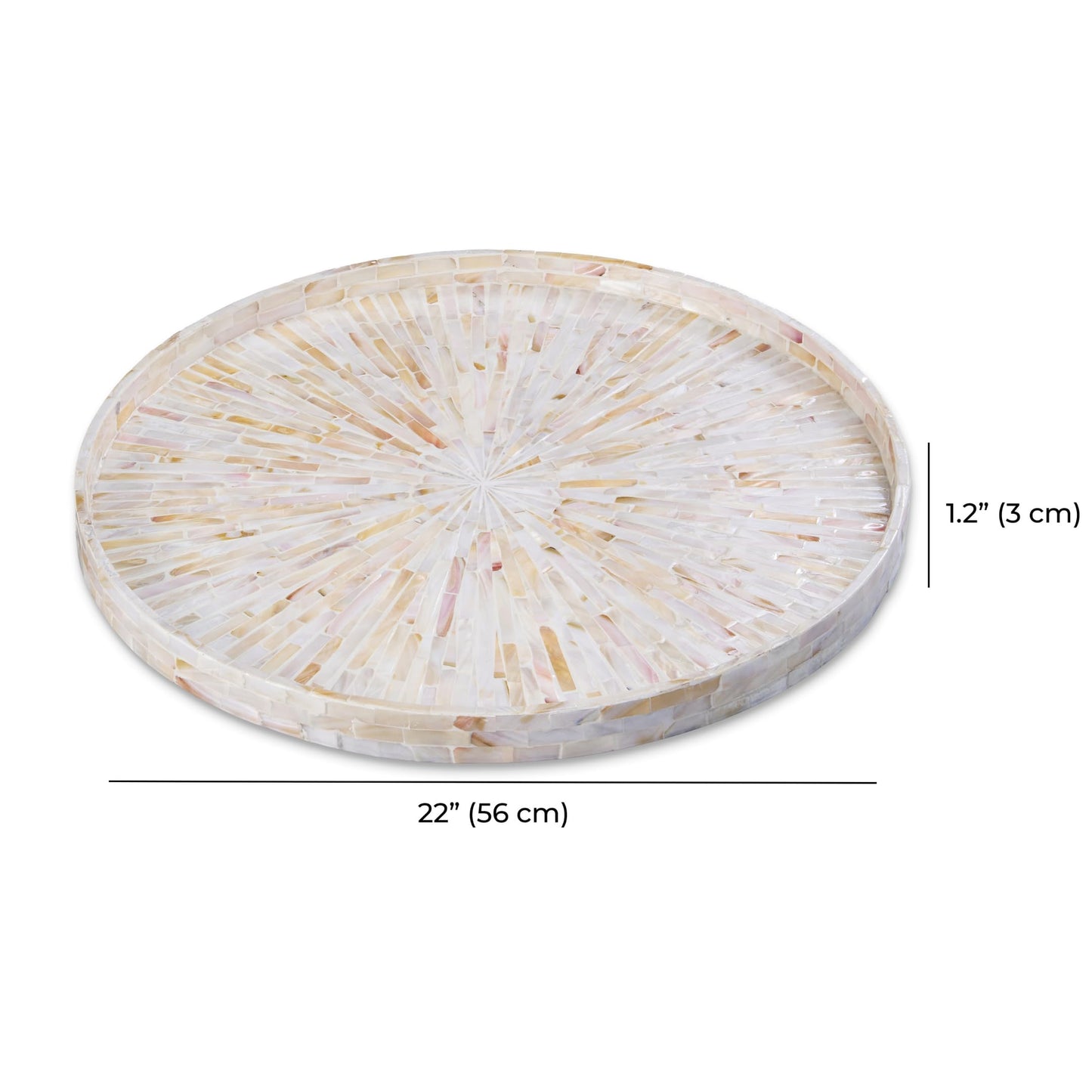 22" Extra Large Round Mother of Pearl Ottoman Tray with Raised Edge – Handcrafted Capiz Shell Serving Tray for Coffee Table, Charcuterie & Breakfast in Bed, Coastal Farmhouse Gift