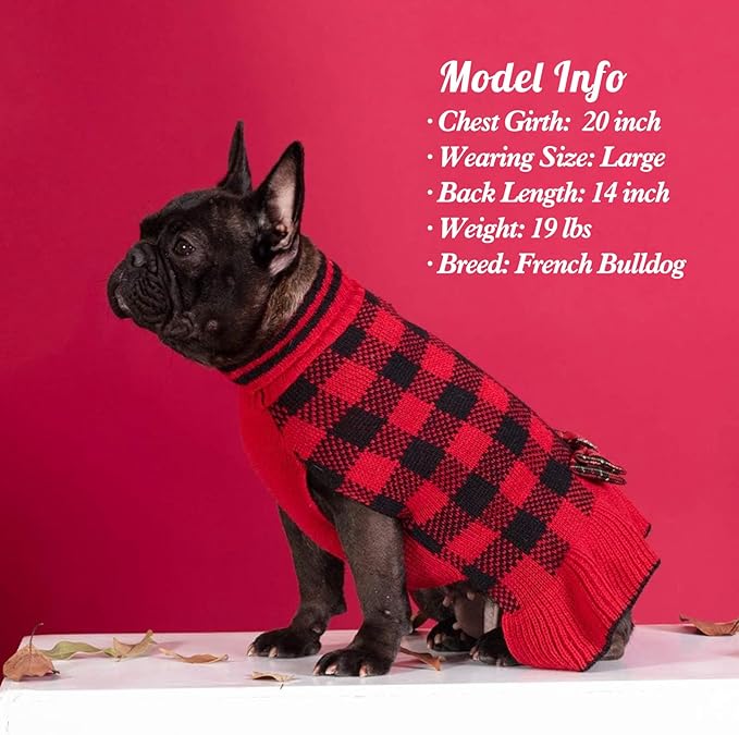 KYEESE Dog Christmas Sweater Dress with Bowtie Checkered, Turtleneck Dog Sweater for Small Dogs Girl with Leash Hole, Holiday Warm Pet Sweaters Dress, Red, X-Large