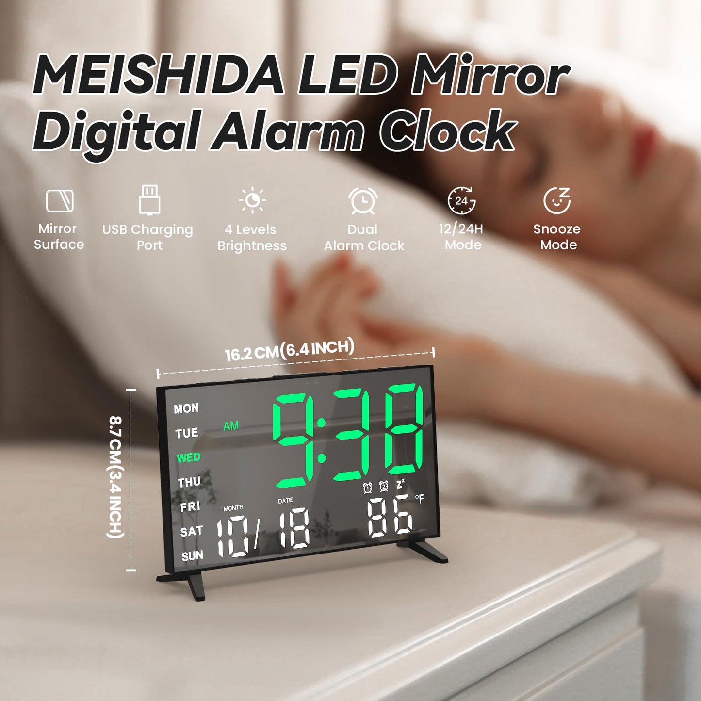MEISHIDA Alarm Clocks for Bedrooms, Small Digital Clock, LED Mirror Alarm Clock with USB Ports, Desk Clock for Kids, Dual Alarms, Snooze, 4 Levels Brightness, 12/24H (Grey)