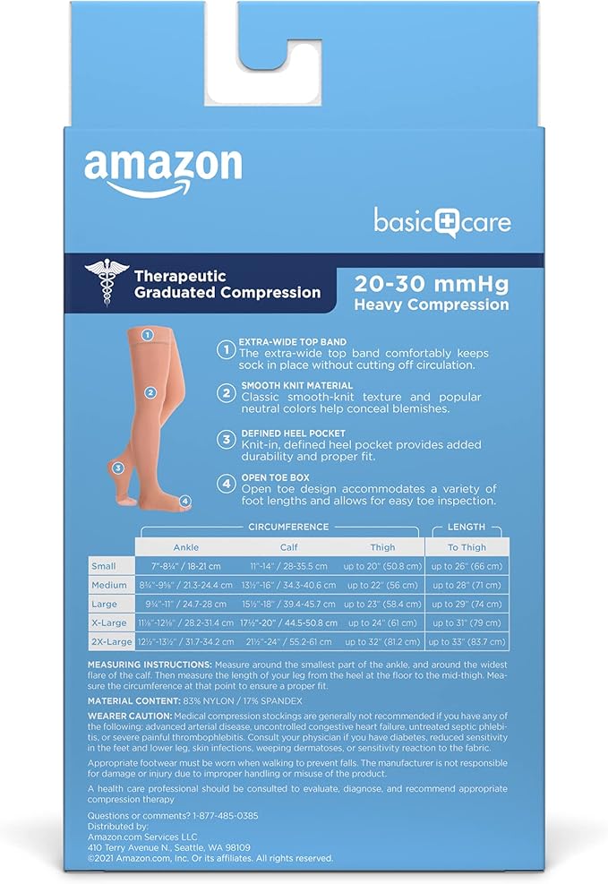Amazon Basic Care Compression Stockings, 20-30 mmHg, Women & Men, Thigh Length | Open Toe | Beige | Small | Pack of 2