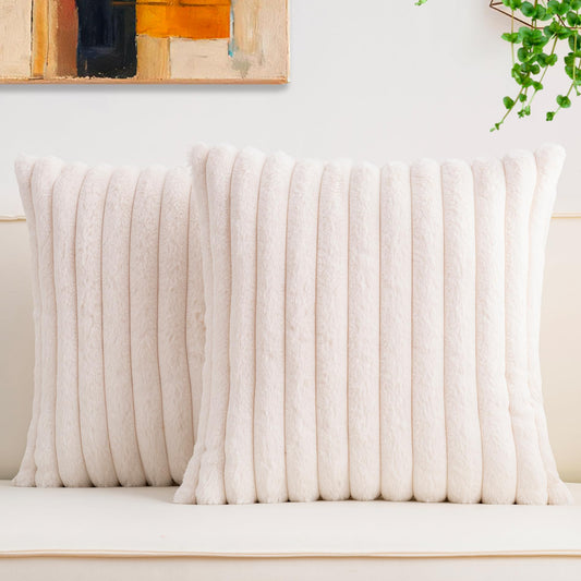 Aegero Pack of 2 Faux Fur Fall Throw Pillow Covers 22x22 Inch, Soft Plush Striped Neutral Couch Pillow Cover, with Velvet Back Modern Home Decor for Sofa Living Room Couch Bed Cream White
