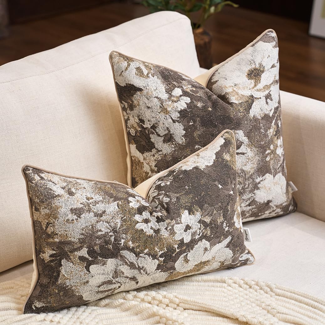 Yangest Neutral Flower Pillow Cover 20 x 20 Inches, Nature Chenille Square Throw Pillow Cover Soft Luxury Accent Couch Pillow Cover for Living Room Bedroom, Beige