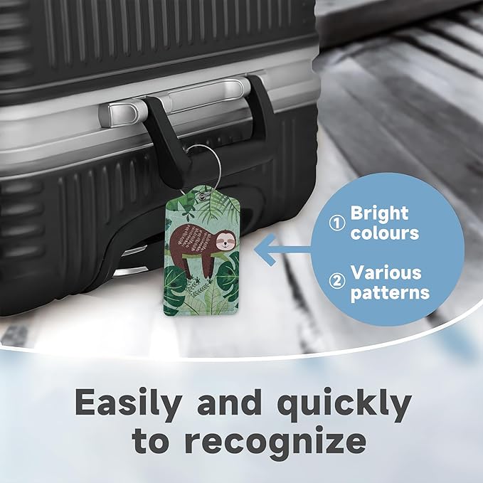Cute Sloth Luggage Tags for Suitcases,2 Pack Palm Luggage Tag,Leather Stainless Steel Loop Label Tag for Women Men Girls Travel Bag Suitcase