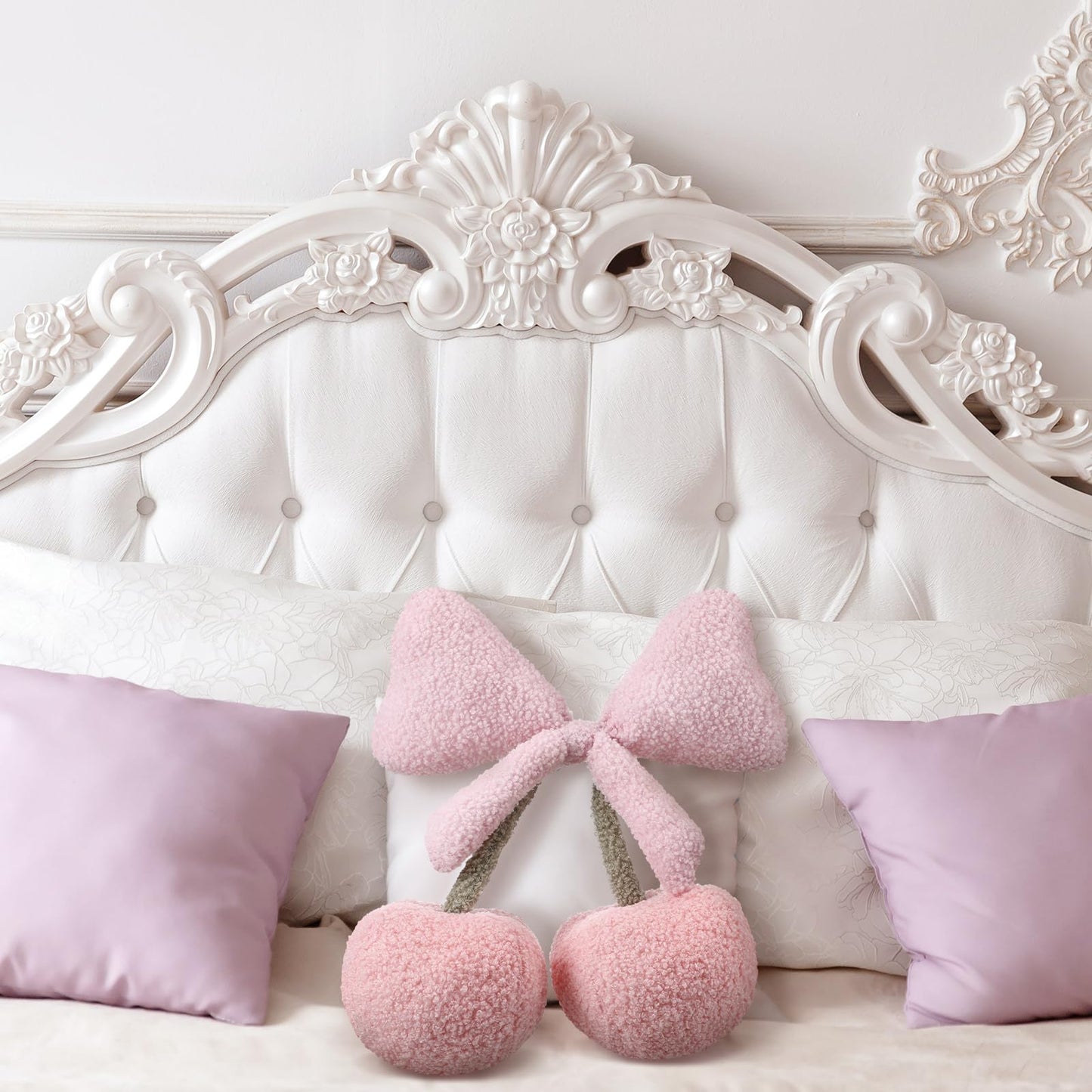 Beeveer Small Bow Cherry Throw Pillow Wool Cute Coquette Room Decor Decorative Throw Pillows Aesthetic Room Decor Bowknot Shaped Plush Cushions for Valentines Day Bedroom Sofa Couch(Pink)