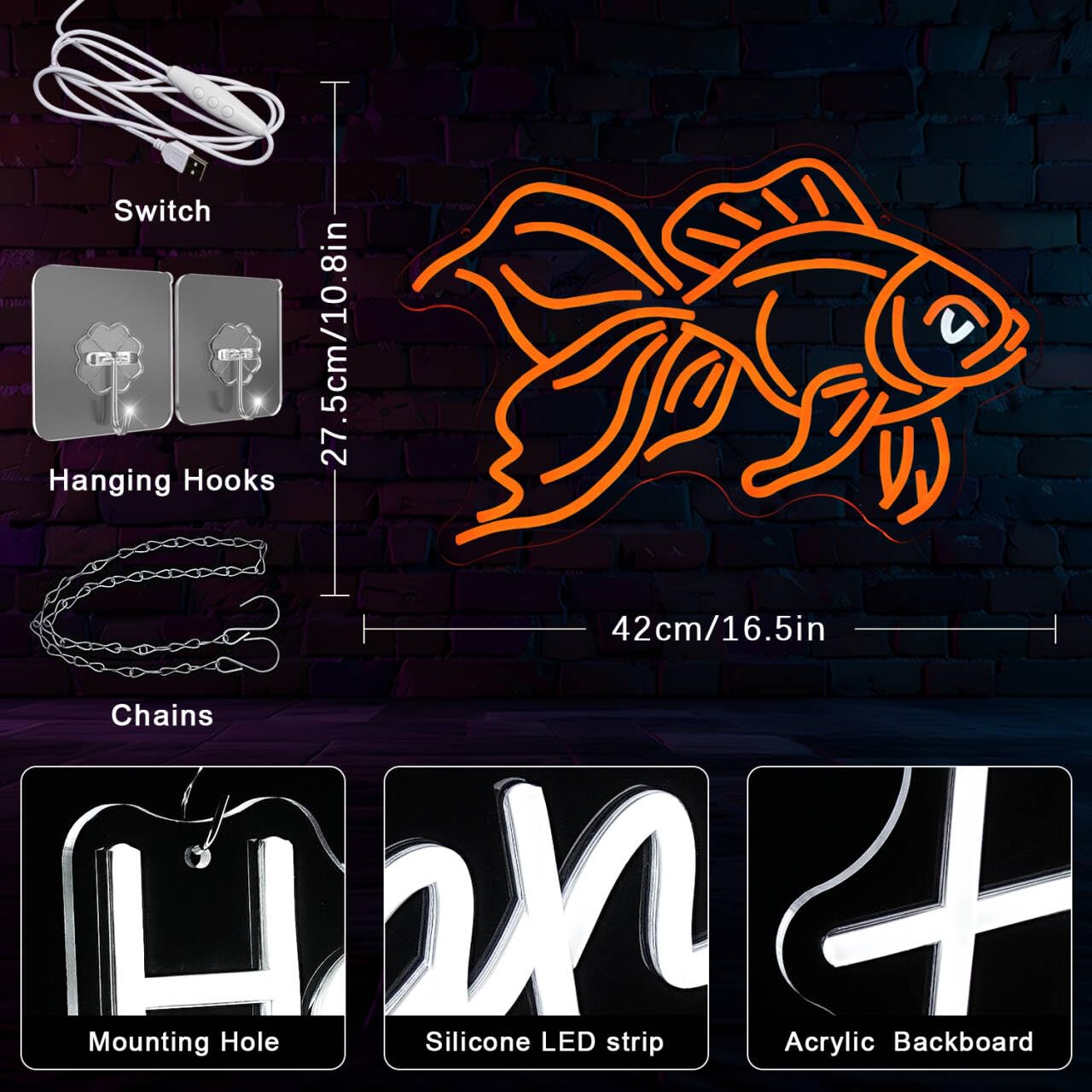 Gyaksjm Goldfish Neon Sign for Wall Decor Fish Neon Light Sign Ocean Neon Light Dimmable LED Neon Sign USB Light Up Sign for Bedroom Restaurant Fishing Shop Store Club Room Man Cave