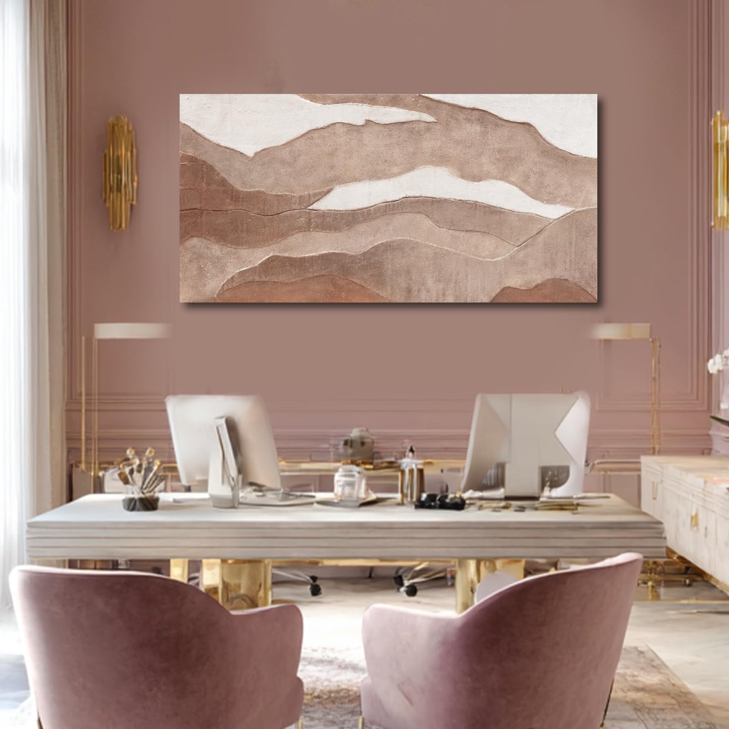 YLLTIEM Brown Abstract Wall Art 24x48 Inch, Hand Painted Textured Canvas Painting, Earth Tone Landscape Wall Decor for Living Room, Bedroom, Fireplace, Office