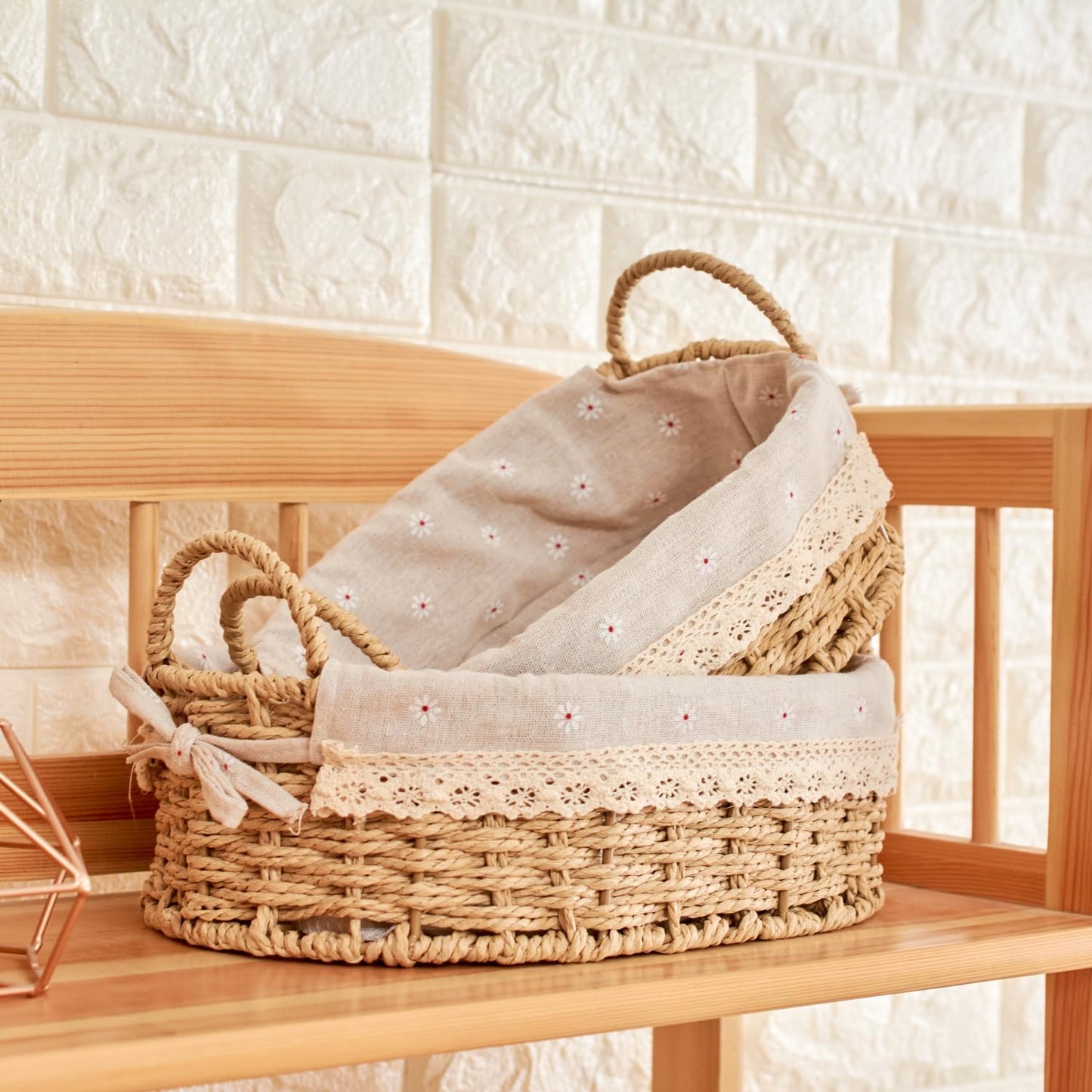 GIB Small Wicker Storage Baskets for Organizing, Decorative Woven Baskets with Handles & Liners, Boho Paper Rope Cute Baskets for Gifts, Decor, Pantry Table, Serving Trays, Set of 2