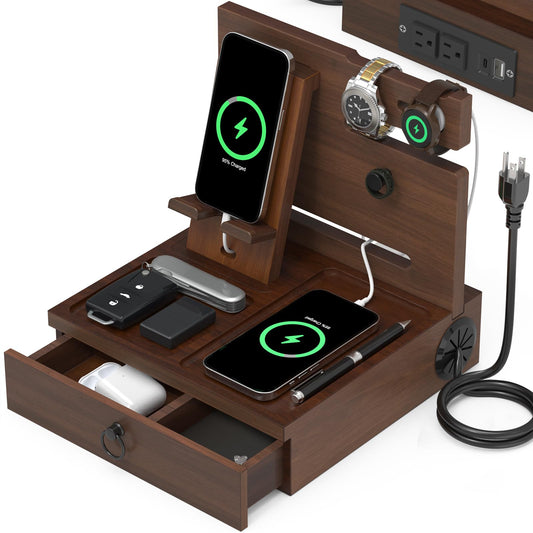 Wood Phone Docking Station with USB Ports and Outlets, Nightstand Organizer with Charging Station, Bedside Organizer with Drawer for Watch & Accessories, Christmas Anniversary Birthday Gifts for Men