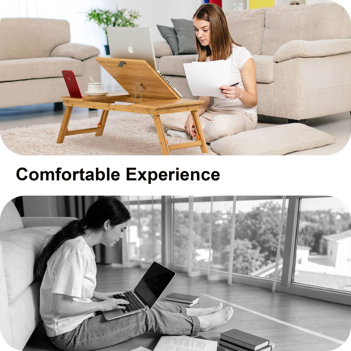 Laptop Desk Nnewvante Bamboo Laptop Table Adjustable Lap Tray Bed Serving Tray Breakfast Table Foldable Coffee Tea Table 7 Tilting Top Angles 4 Latches Large Size 27.95" x 13.8"