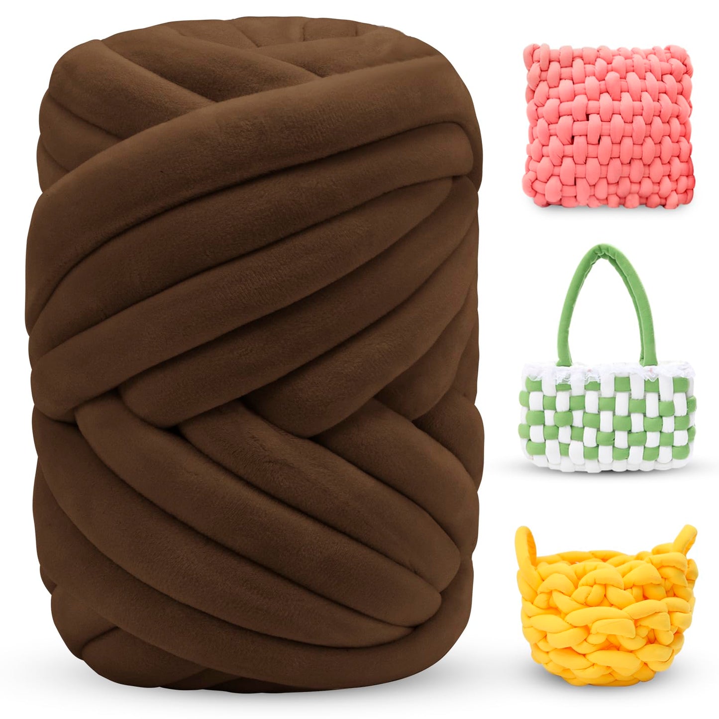 LEREATI Thick Chunky Yarn for Arm Knitting, Jumbo Tube Knit Blanket Soft Velvet Yarn for Crocheting Handbags, Hand Knitting, Pet Bed, Rugs, Pillows, Crafts (Caramel, 1.1lbs)