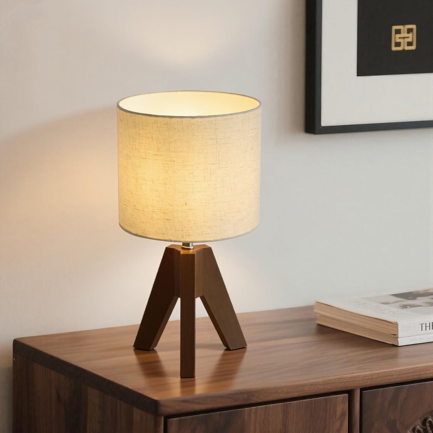 Booniture Set of 2 Tripod Table Lamps,Stepless Dimmable Small Bedside Lamps with Beige Linen Shade, Boho Modern Nightstand Lamps for Bedroom Living Room Office,E26 Socket, Walnut