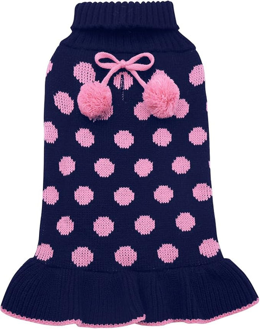 KYEESE Dog Sweaters with Leash Hole Small for Girl Dog Sweater Dress Polka Dot Knit Warm Dogs Clothes with Pom Pom Ball, XS
