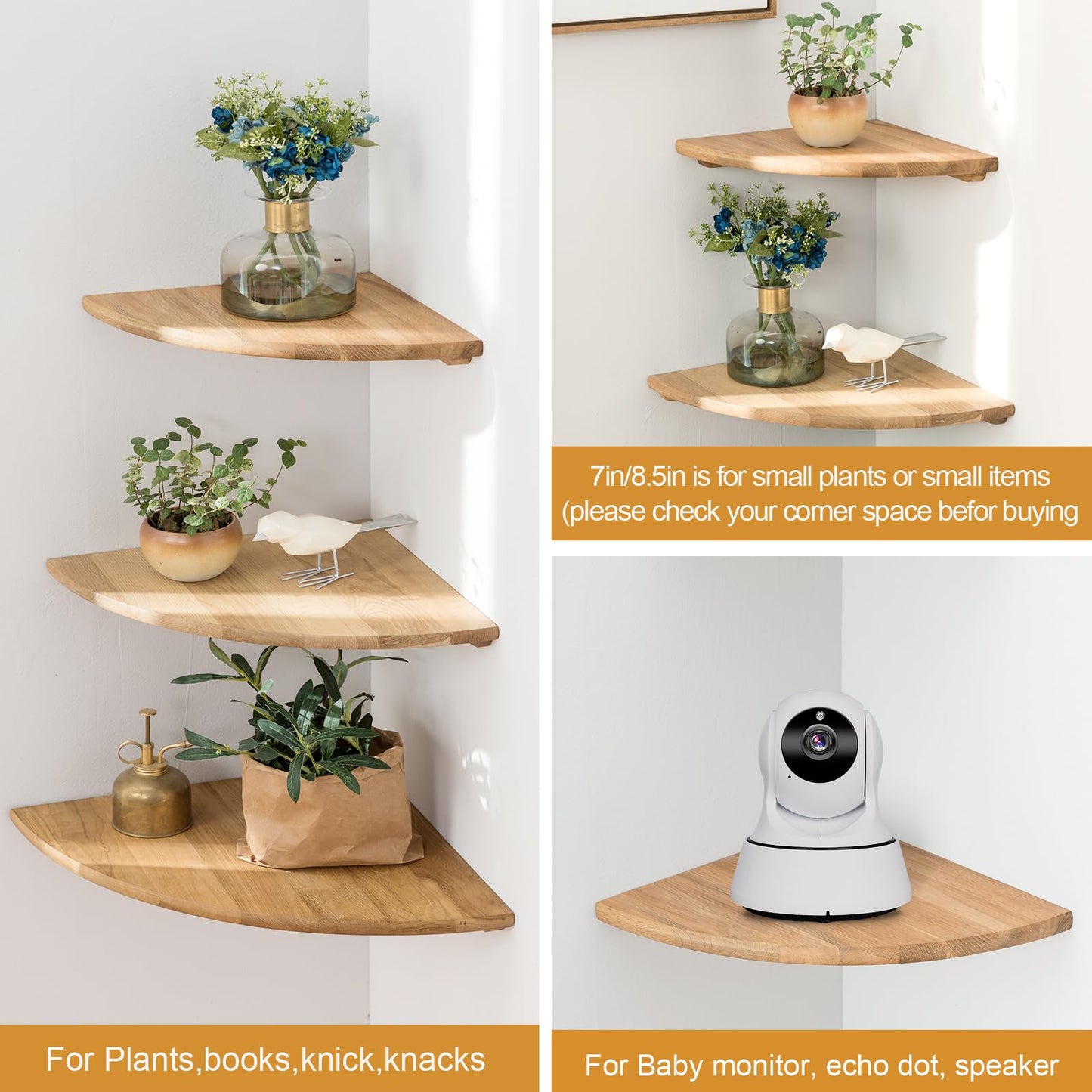 Conamily Corner Shelves, Floating Corner Shelf, Set of 2 7inch Solid Oak Wood Wall Shelves, Round End Wall Mount with Wire Hole Shelving for Small Plant for Bedroom Kitchen, Living Room