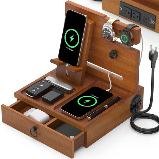 Wood Phone Docking Station with USB Ports and Outlets, Nightstand Organizer with Charging Station, Bedside Organizer with Drawer for Watch & Accessories, Christmas Anniversary Birthday Gifts for Men