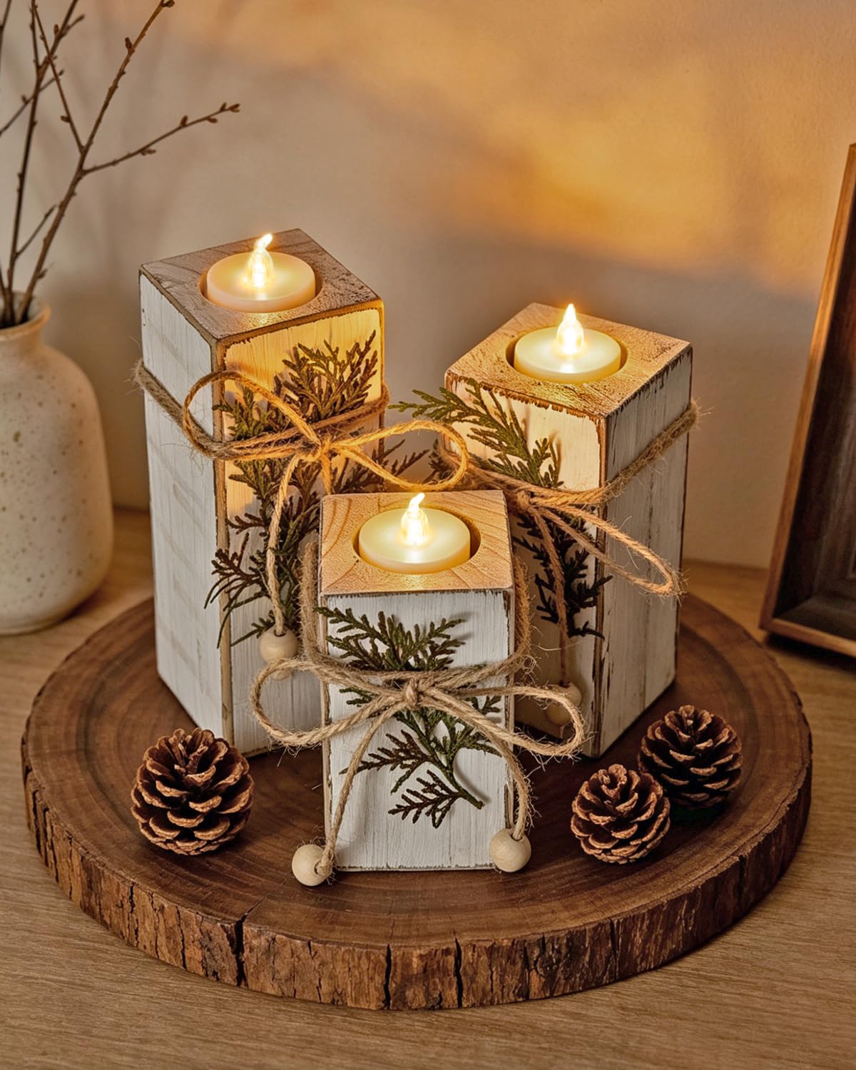Farmhouse Decor Wooden Candle Holders Set of 3 - Fake Candles and Real Tea Lights, Rustic White Farmhouse Table Decor, Decorative Candles for Fireplace Mantel, Wedding, Holiday