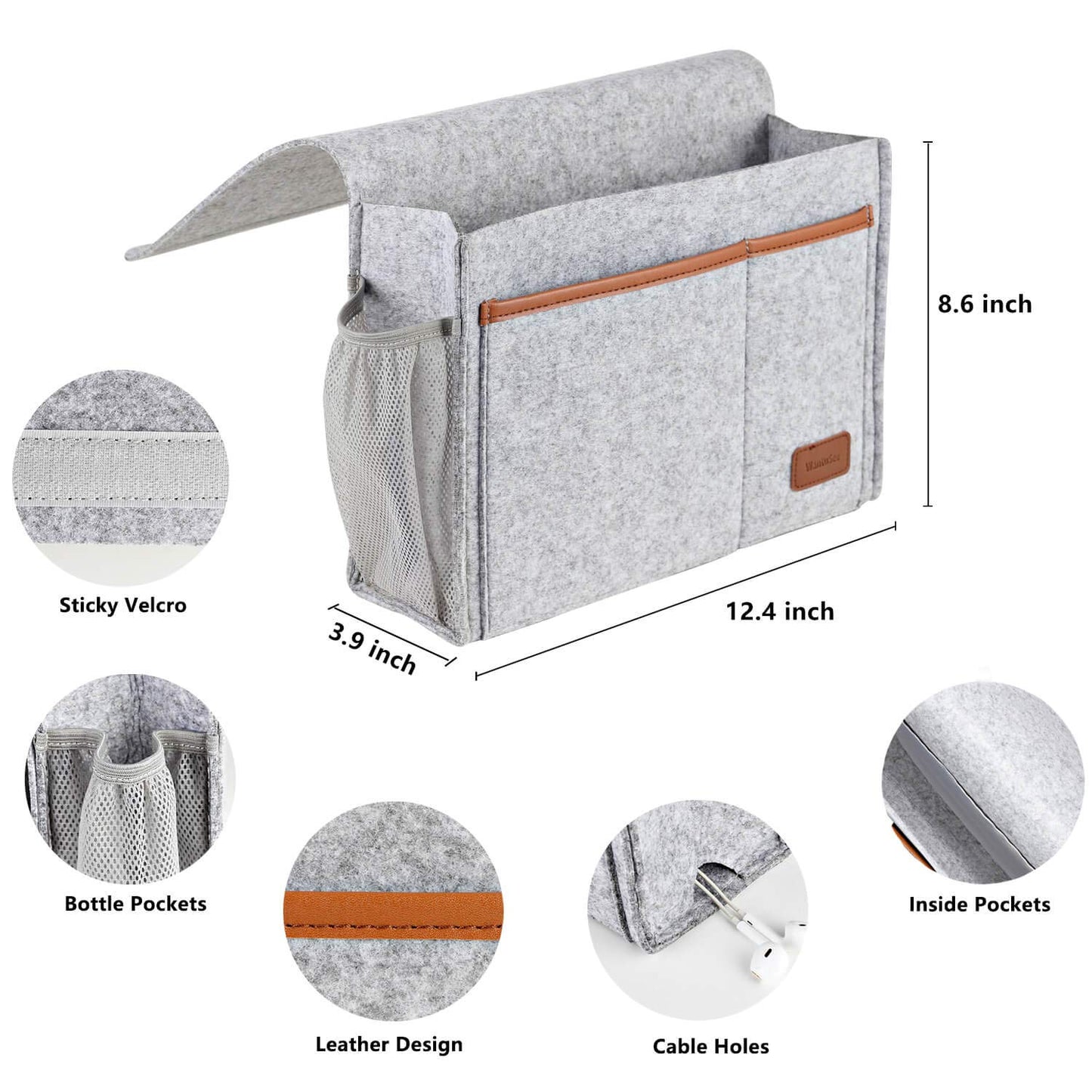 WantuSee Bedside Caddy, Felt Bed Storage Organizer Hanging Bag Holder with 5 Pockets, Magazine Book Phone Tablet iPad Cables Remote and Water Bottle Holder for Home Dorm Bed Sofa, Light Gray