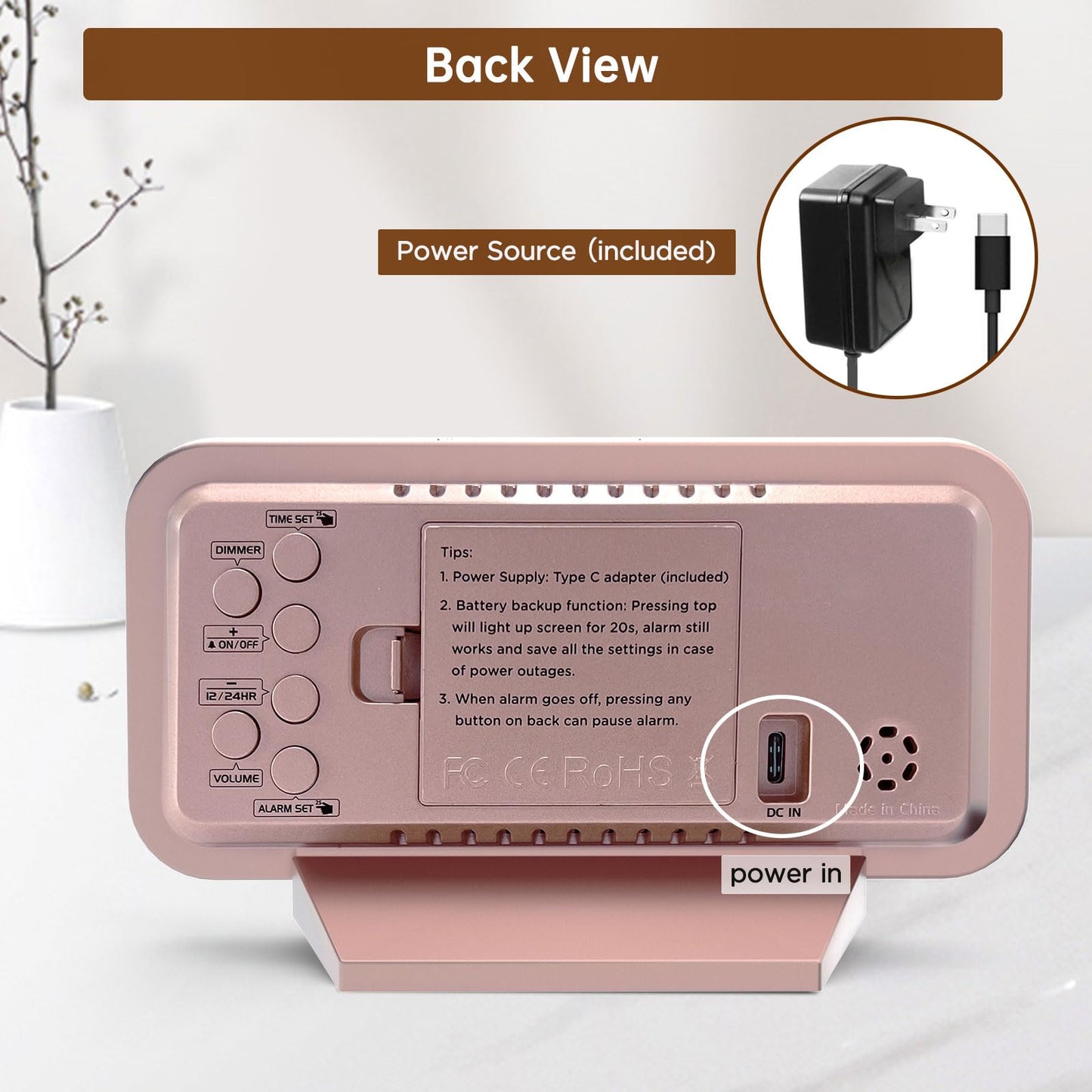 Peakeep Slim Digital Mirror Aesthetic Alarm Clock for Bedroom Living Decor, Plug in Electric Clock Big LED Modern Small Table Clock for Office Desk, Battery Backup, 6 Dimmers (Rose Gold)