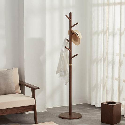 Homruilink Coat Rack, Solid Wood Coat Rack Freestanding with 6 Hooks, Wooden Coat Tree Freestanding for Hats, Handbags, Coat Stand for Entryway, Bedroom, Hallway - Fathers Day Gift for Dad (Walnut)