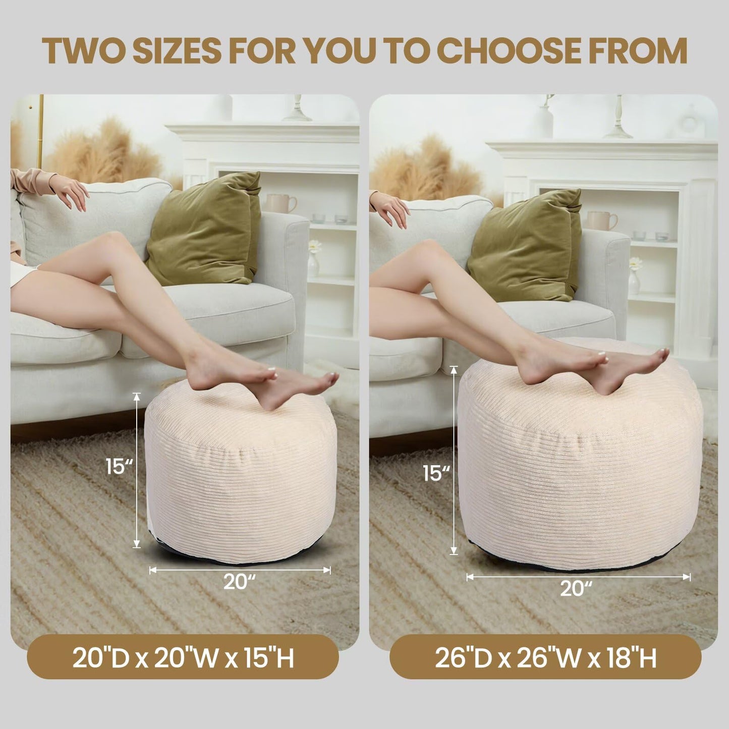 VBGYA Round Pouf Ottoman Foot Rest with Foam Chunk Filling, Corduroy Ottomans for Living Room Floor Poufs (20"x15",Beige)