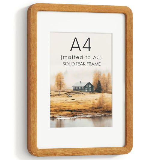 A4 Picture Frame, USA-Sourced Teak Wood Certificated Frame with Chamfered Edge & Double-Dowel Corner, Handcrafted A4 Wooden Frame Matted to A5 with HD Tempered Glass for Wall and Tabletop