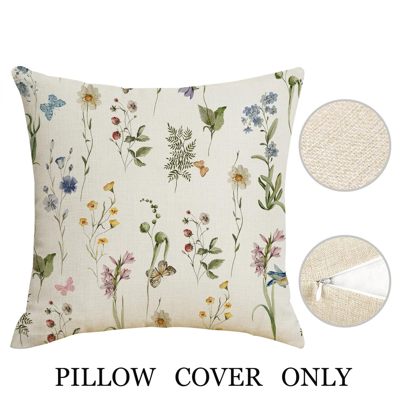 FJWMZ Spring Summer Floral Pillow Covers 18x18 Inch Sage Green Wildflower Leaf Herbs Throw Pillows Cover Set of 2 Outdoor Farmhouse Plant Linen Decorative Square Pillowcase for Couch Bed Sofa Decor