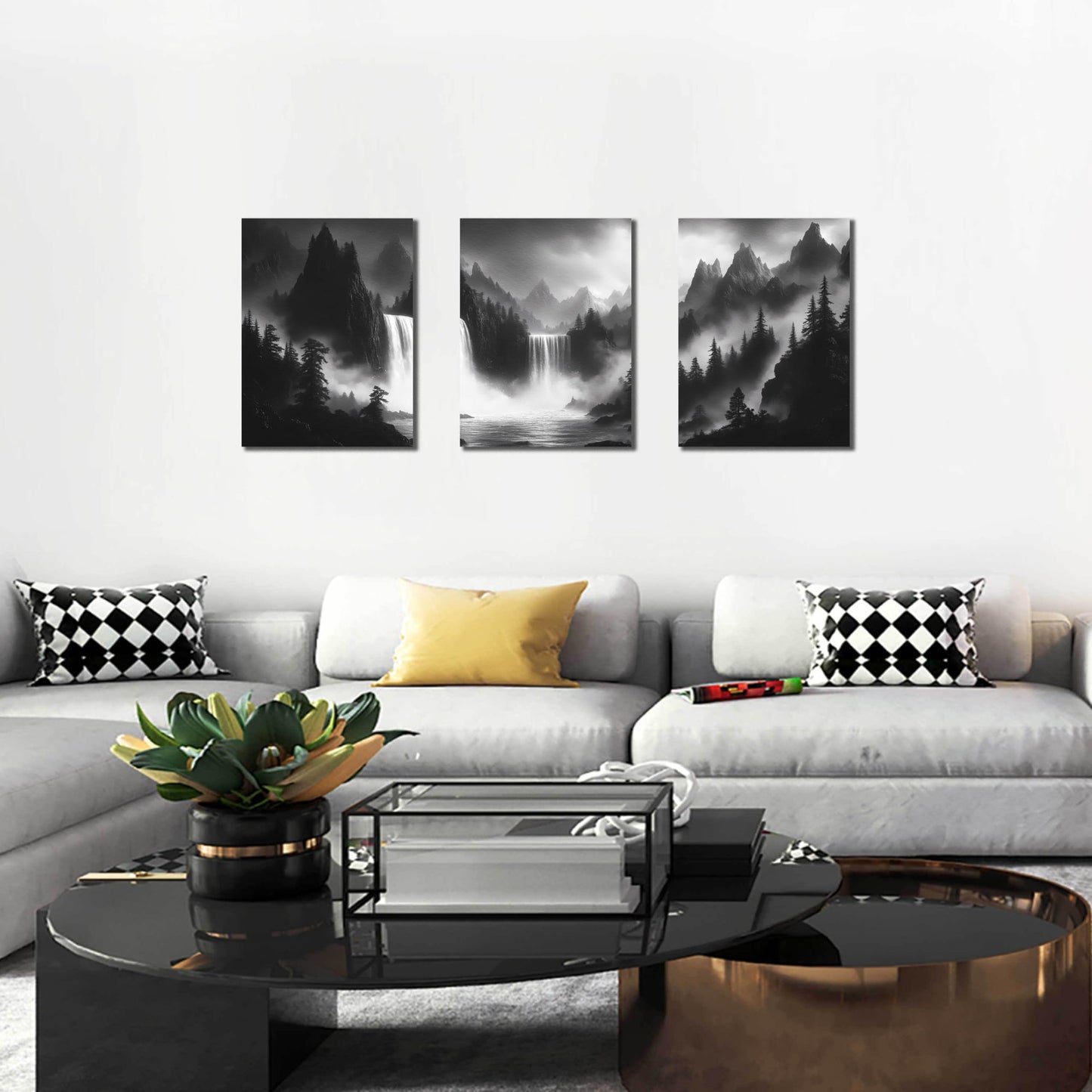 CIRABKY Foggy Forest Wall Art for Living Room - Mountains Canvas Wall Art for Office - Black and White 3 Piece Wall Decor Size 12" x 16"